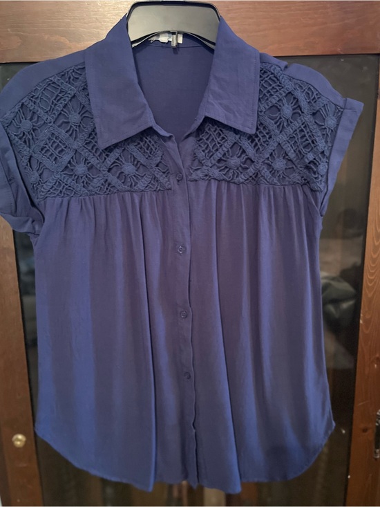 Maurices Tops - Maurices Navy Button-Front Blouse with Crochet Yoke